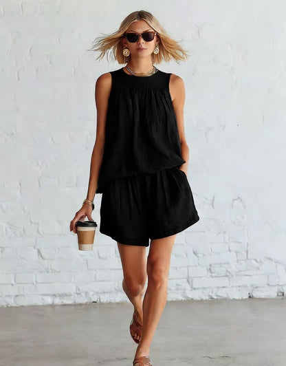 Ensemble femme retro top plisse sans manches et short large - Elegant et estival