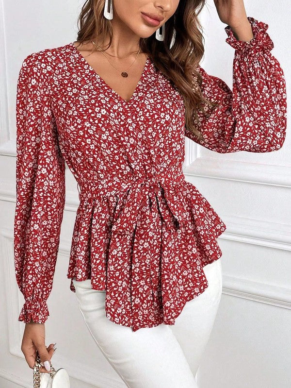 Blouse élégante à manches longues, imprimé fleuri et col en V pour femme