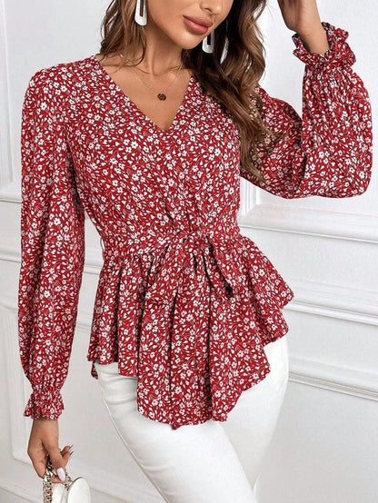 Blouse élégante à manches longues, imprimé fleuri et col en V pour femme