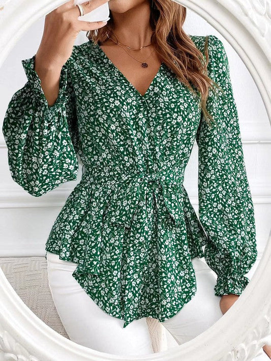 Blouse élégante à manches longues, imprimé fleuri et col en V pour femme