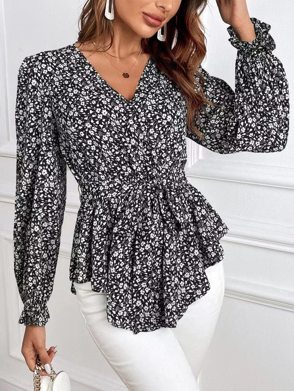 Blouse élégante à manches longues, imprimé fleuri et col en V pour femme