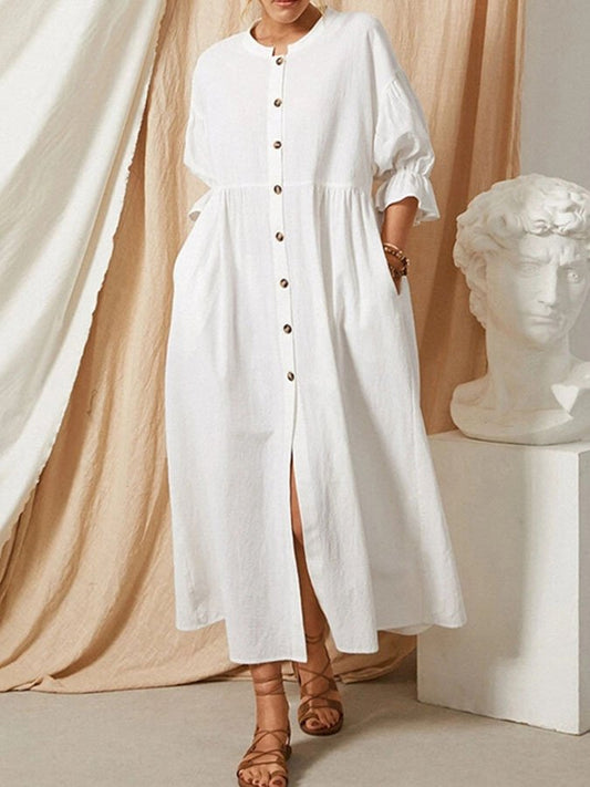 Robe longue en lin pour femme avec patte de boutonnage et manches bouffantes