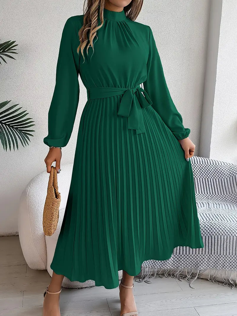 Robe Midi Femme Élégante Plissée Ceinturée – Manches Longues Style A-Line