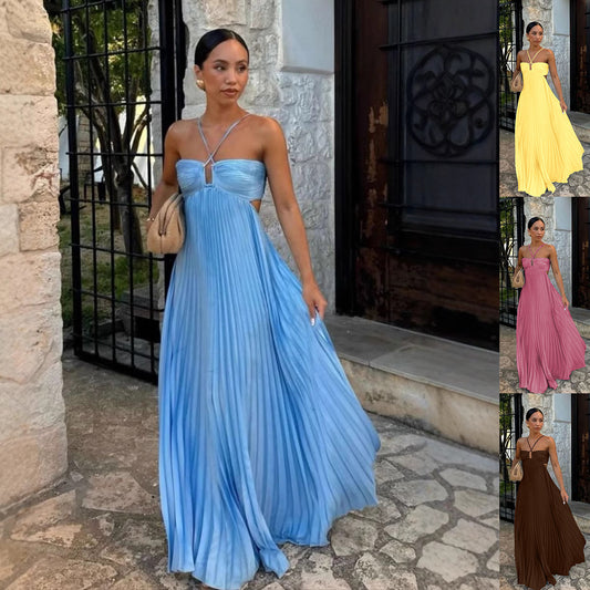 Robe plissée sans manches femme à taille haute et dos nu