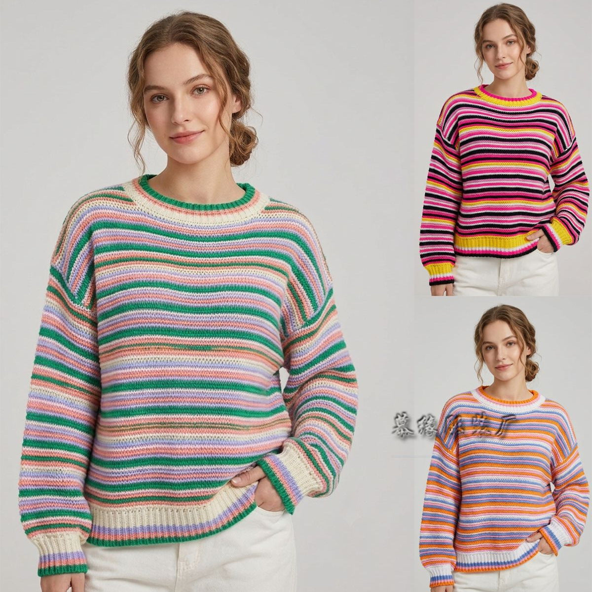 Maglione da donna in maglia a righe con scollo rotondo – Vestibilità ampia, stile casual e confortevole