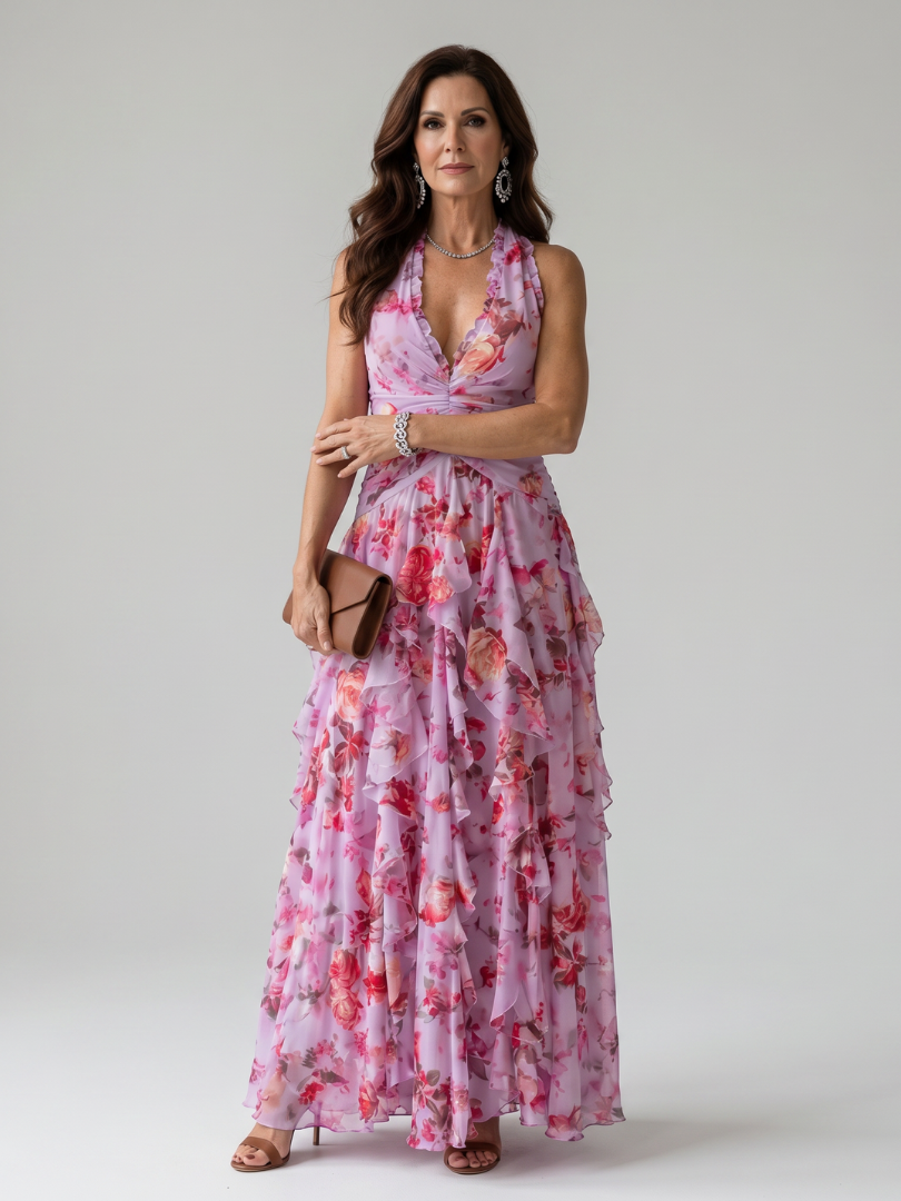 Women's Floral Maxi Dress with Halter Neck and Ruched Bustier - Refined and Summery
