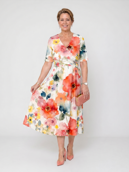 Women's floral midi dress with V-neck and short sleeves - Light and flattering