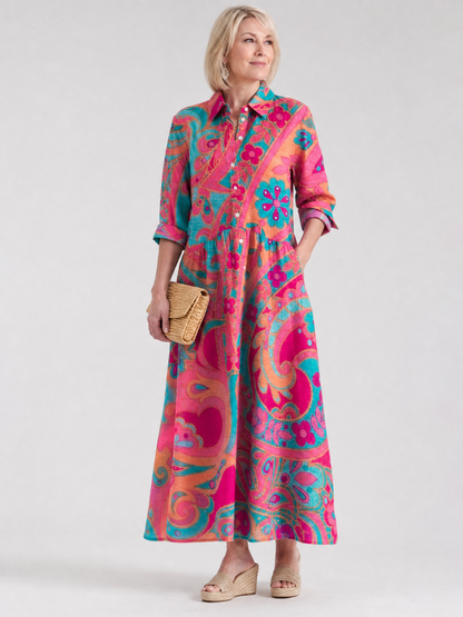 Robe midi imprimee femme col chemise boutonnee - Elegante et facile a porter