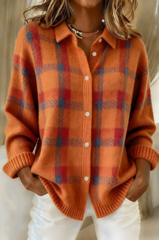 Cardigan Femme Doux à Carreaux – Tricot Plaid Élégant et Confortable