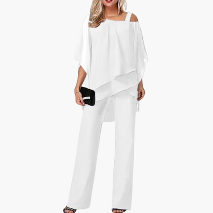 Ensemble Chiffon Épaules Dénudées Femme – Haut Élégant et Pantalon Large