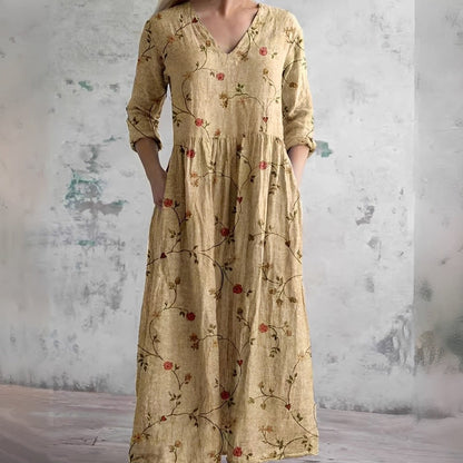 Robe Maxi Imprimée Style Bohème pour Femme – Manches Longues Col en V avec Poches