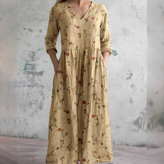 Maxi Dress with Printed Bohemian Style for Women – Long Sleeves V-Neck with Pockets
