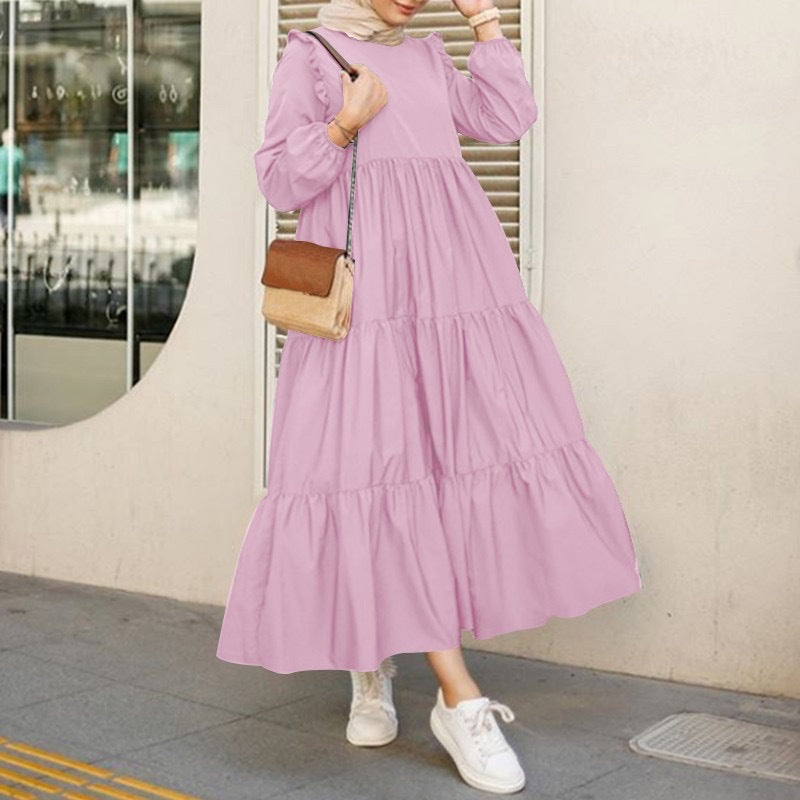 Robe Midi Femme à Manches Longues et Col Rond – Élégante et Flatteuse
