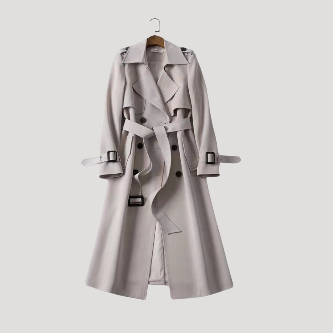 Gabardina femenina entallada con cinturón y doble botonadura – estilo elegante atemporal