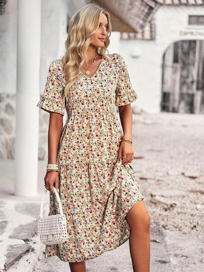 Robe Midi Fleurie Femme à Col V – Robe d’Été Légère à Manches Courtes