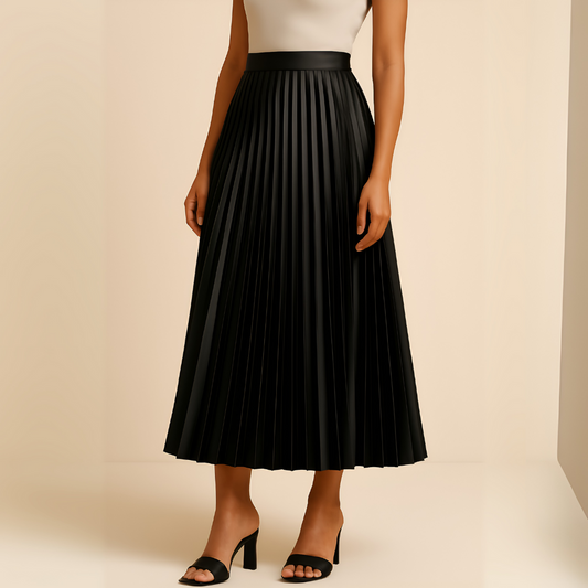 Elegant Mid-Length Pleated Satin Skirt for Women – High Waist Flared Cut