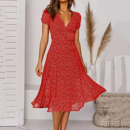 Femmes Évasée Élégante à Encolure en V Midi Robe – Flatteuse, Légère
