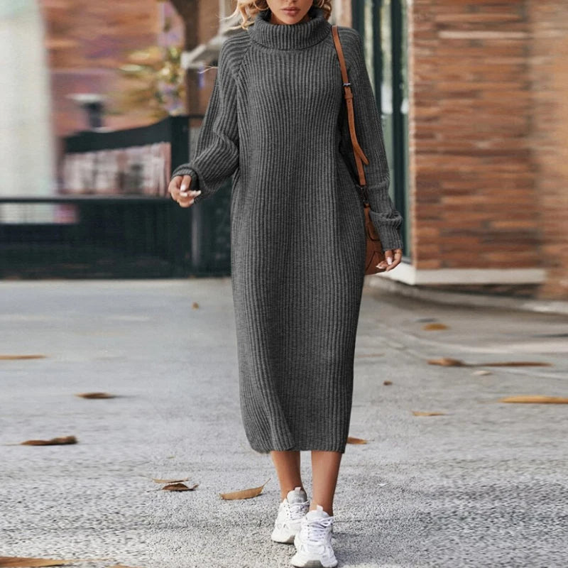 Robe midi en tricot à manches longues – Robe pour femme à col roulé