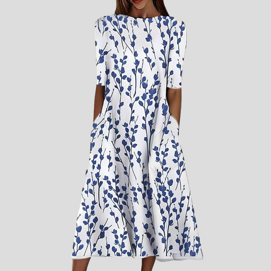 Robe midi d'été à col rond et imprimé floral côtier