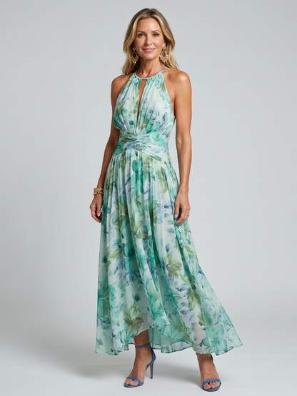 Robe midi fleurie femme plissee col halter - Raffinee et legere