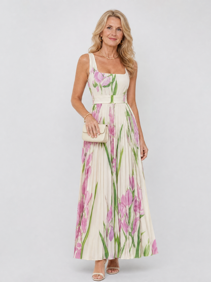 Vestito midi plissettato da donna senza maniche con scollo quadrato - Elegante ed estivo