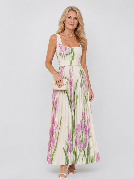Vestito midi plissettato da donna senza maniche con scollo quadrato - Elegante ed estivo