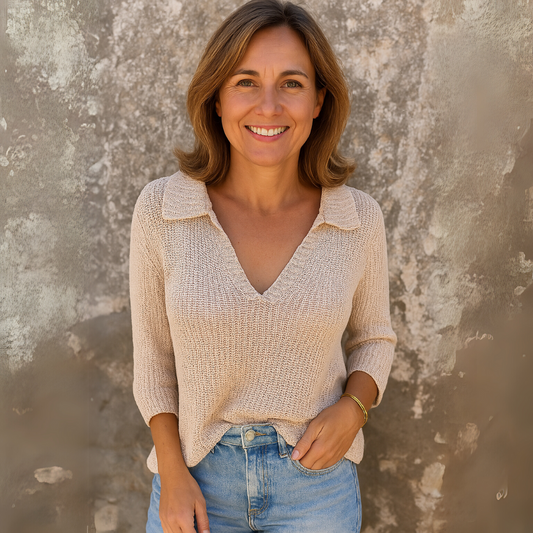 Pull Femme Élégant en Crochet à Col V – Tricot Décontracté et Stylé