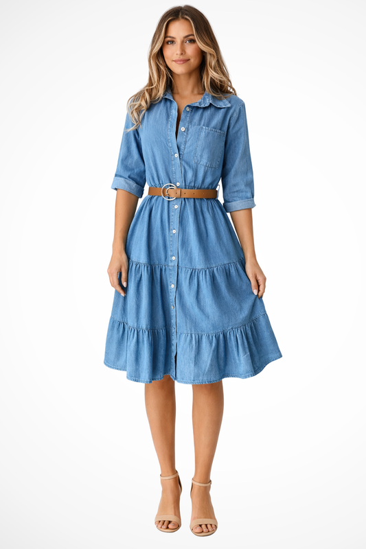 Midi denim shirt dress with ruffles for women – Casual chic style with belt, perfect for everyday wear