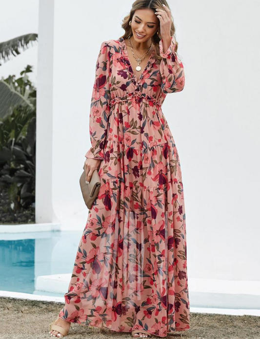 Robe Maxi Bohème en Chiffon à Fleurs Femme – Style Élégant Fluide à Manches Longues