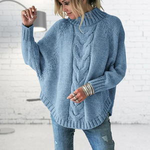 Maglione donna in maglia collo alto blu – maglione ampio e casual