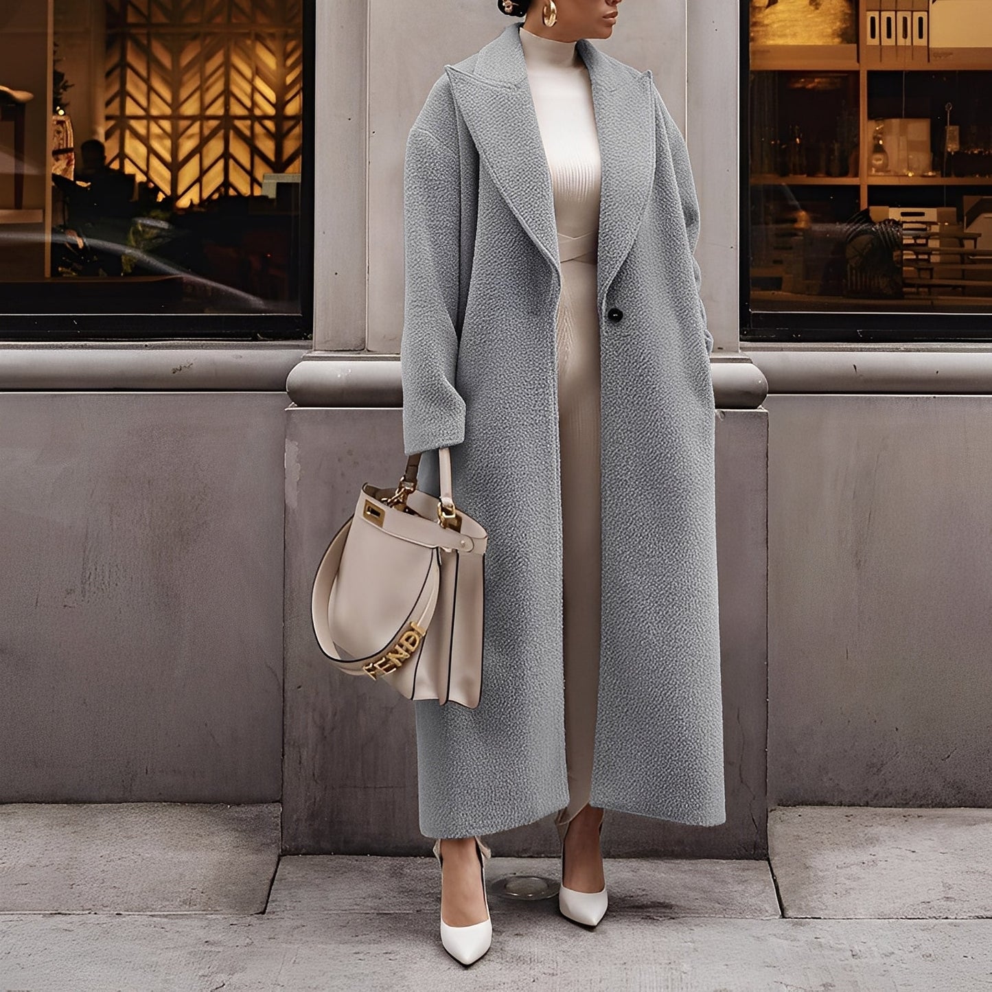 Manteau Long Oversize Élégant pour Femmes – Veste en Faux Laine Unie à Bouton Unique