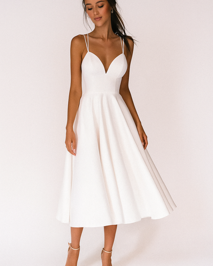 Robe Midi Élégante pour Invitée de Mariage Femme – Robe Flare Plissée à Décolleté V et Bretelles