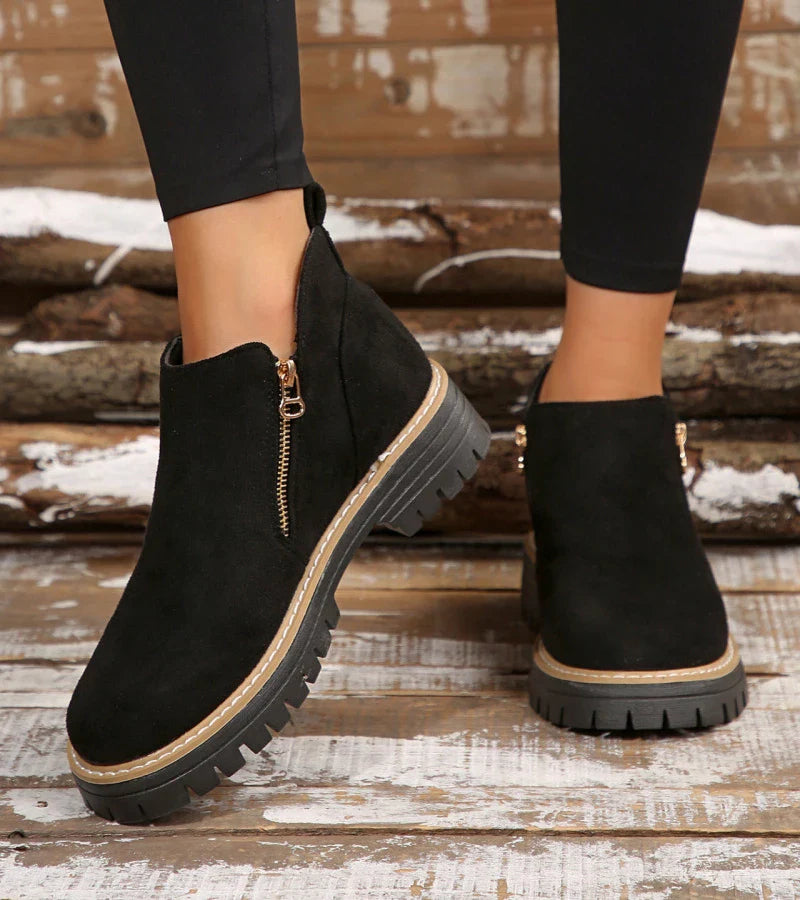 Bottines Confort Femme – Bout Rond avec Plateforme et Fermeture Zippée