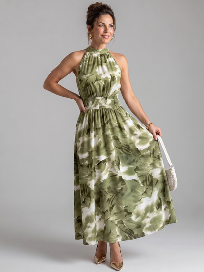 Women's Midi Dress with Abstract Print and Ruched Waist - Flowing and Elegant