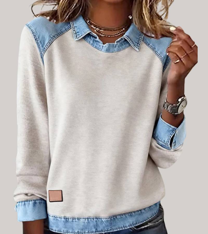 Pull Élégant Bimatière Femme – Sweat Confort avec Finition Denim