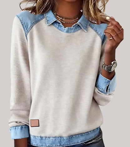 Pull Élégant Bimatière Femme – Sweat Confort avec Finition Denim