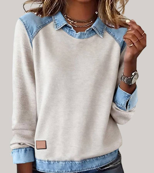 Pull Élégant Bimatière Femme – Sweat Confort avec Finition Denim