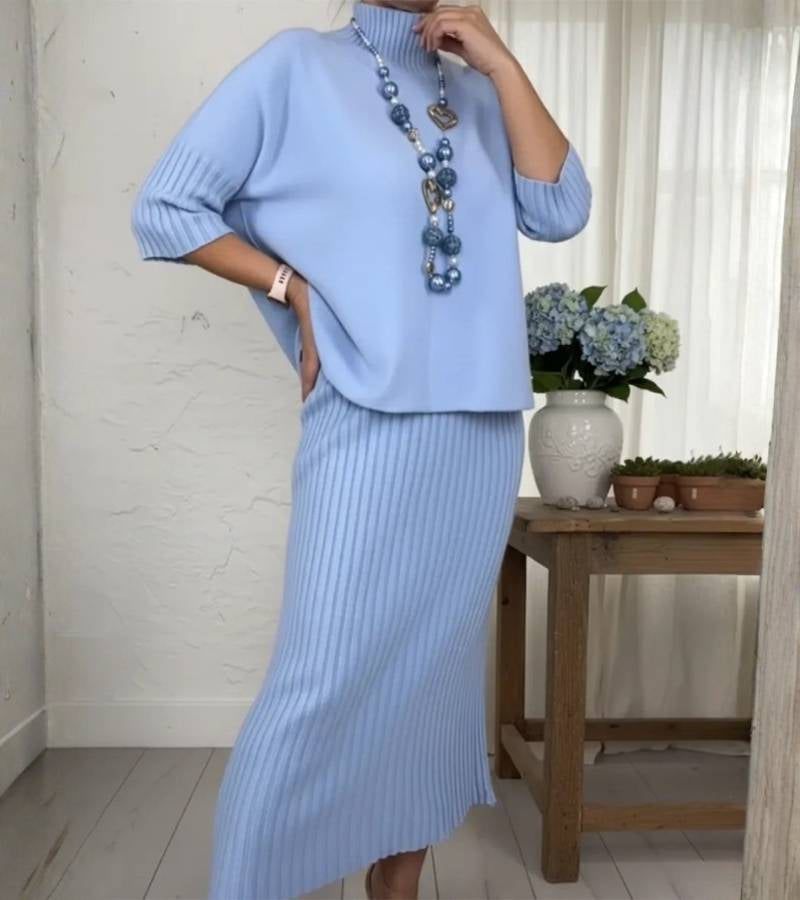 Ensemble Tricot Élégant Femme – Pull Col Roulé Côtelé et Jupe Midi