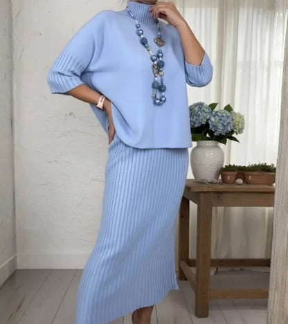 Ensemble Tricot Élégant Femme – Pull Col Roulé Côtelé et Jupe Midi