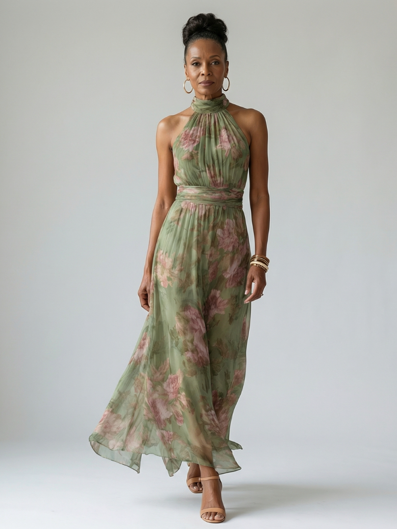 Women's Ruched Midi Dress with Halter Neck - Elegant and Feminine