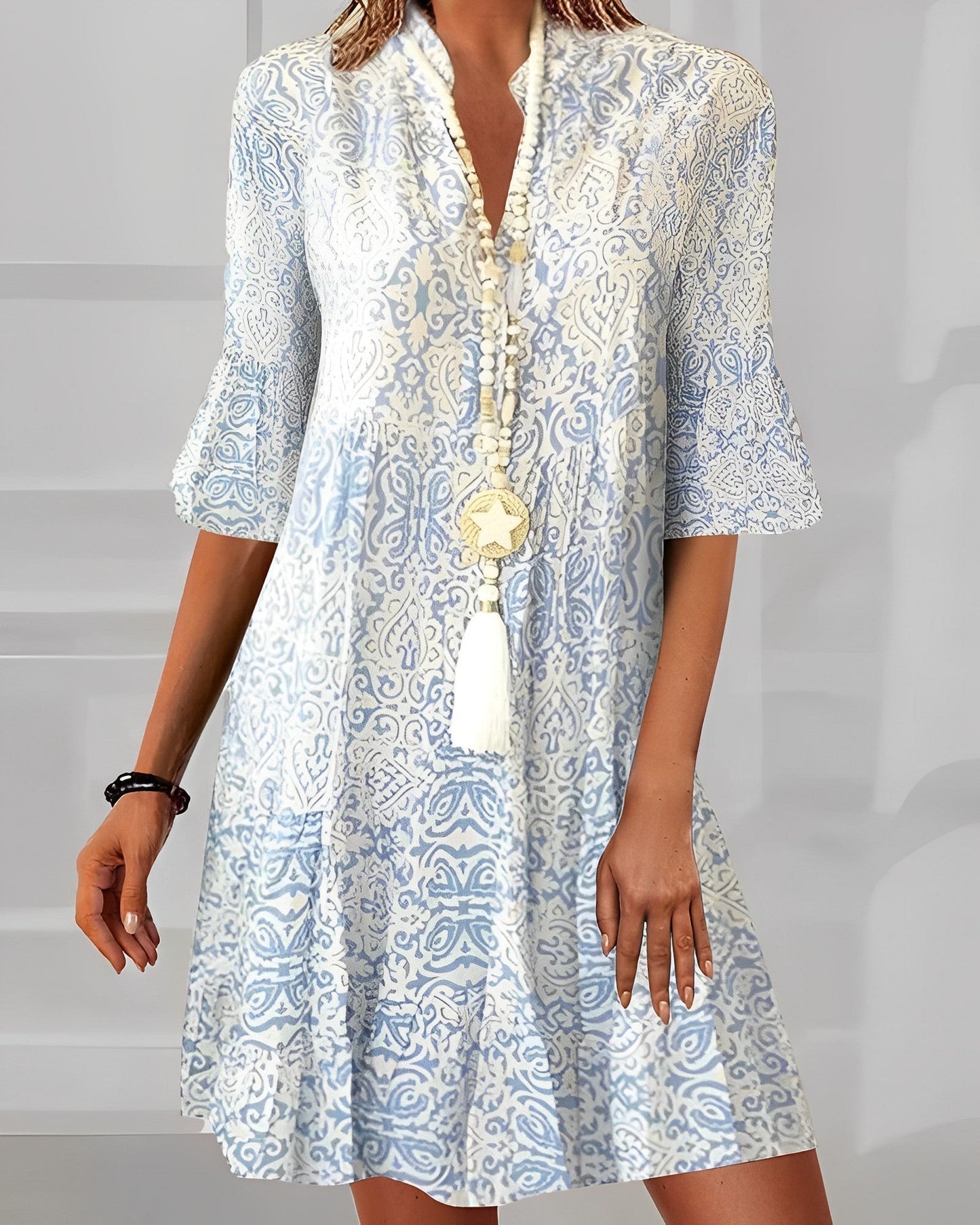 Robe Mini Bleue Élégante Femme – Col V Manches Mi-Longues Évasées