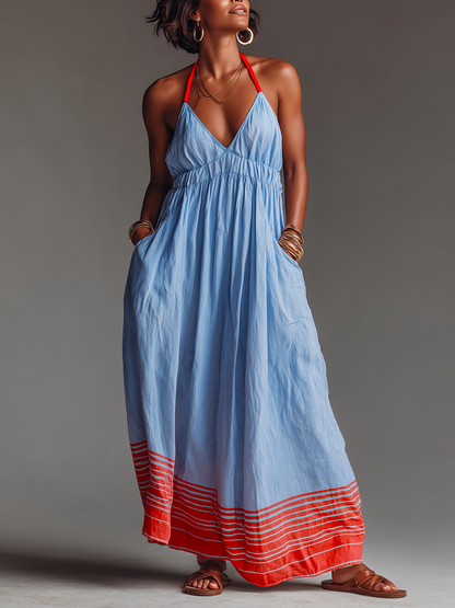 Robe maxi femme col halter rayee avec poches - Legere et elegante