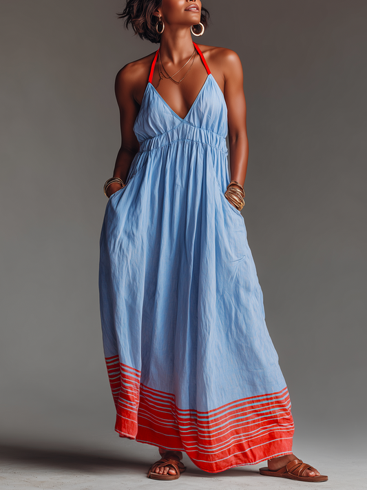 Abito maxi donna con collo halter a righe e tasche - Leggero ed elegante