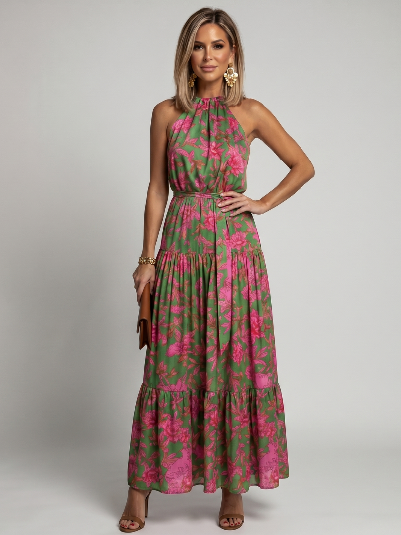 Women's Draped Midi Dress with Halter Neck - Chic and Flattering