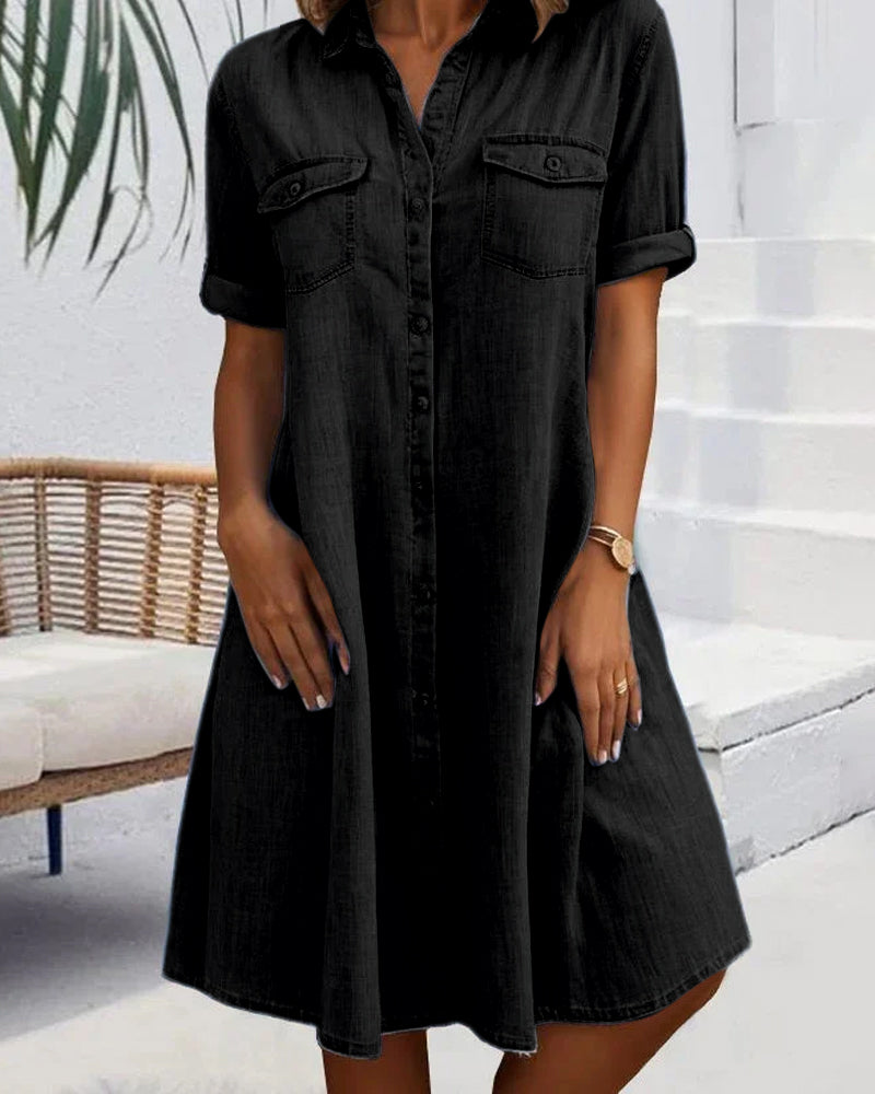 Robe Midi à Col Revers et Bouton pour Femme