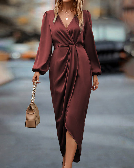 Elegant Satin Mid-Length Wrap Dress – V-Neck Bishop Sleeves Belt and Slit