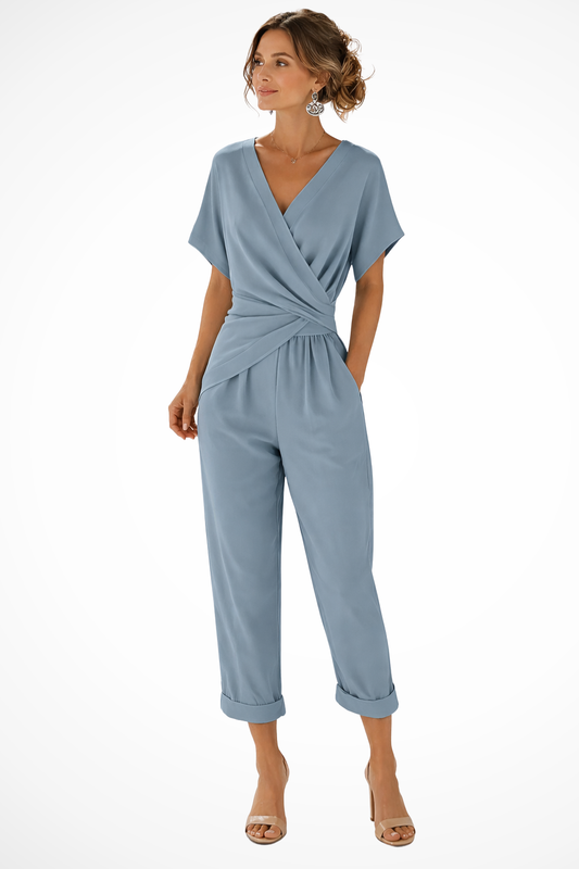Women's Short Wrap Romper – Short Sleeves and Pockets – Casual Summer Style