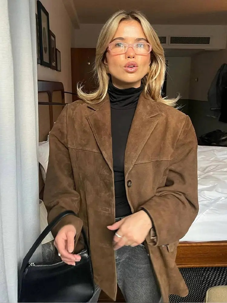 Veste Blazer Oversize Élégante en Daim Marron pour Femme – Confort