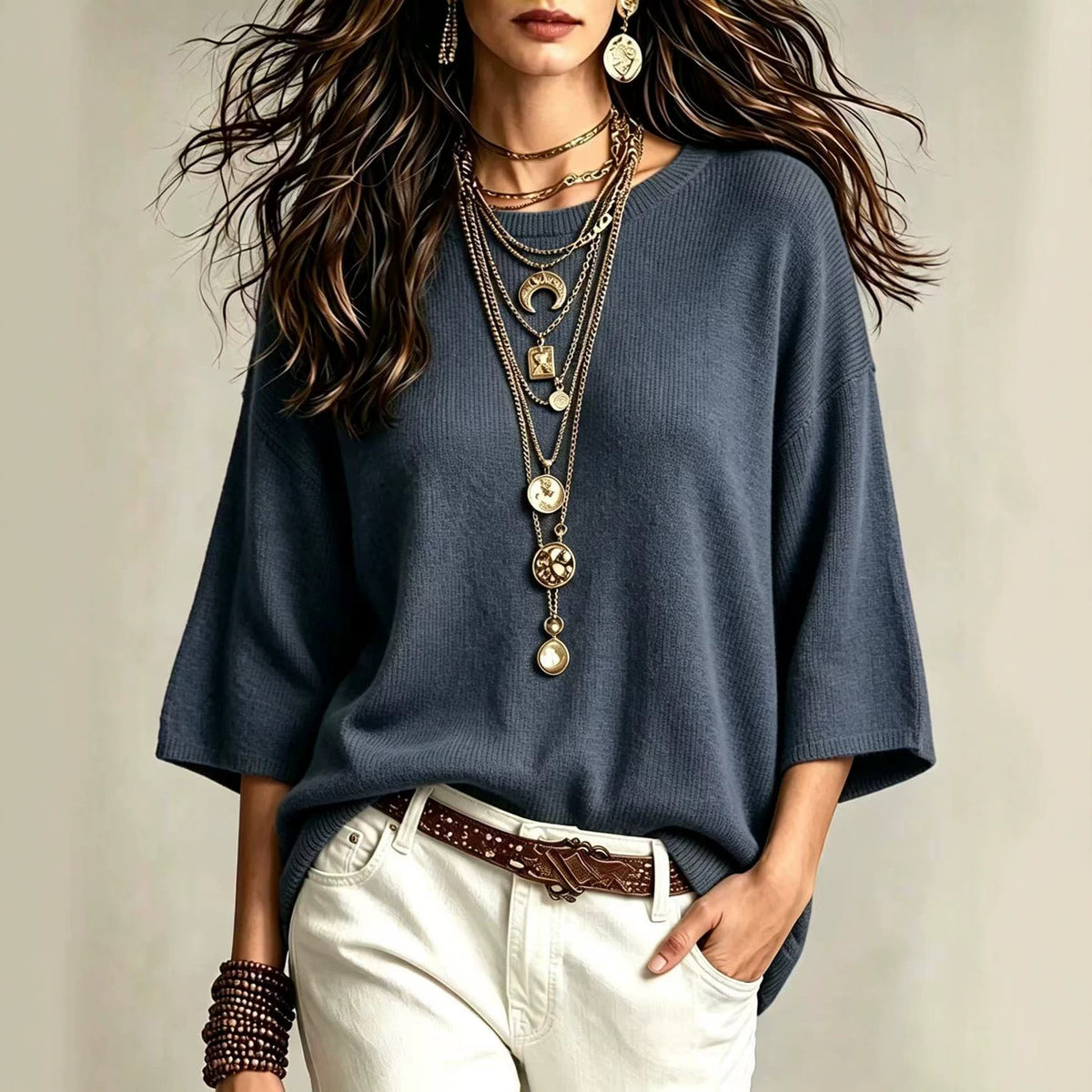Jersey holgado de mujer - Con mangas anchas y cuello redondo