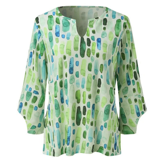 Blouse Femme Verte à Motif Géométrique – Col V Décontracté avec Manches 3/4